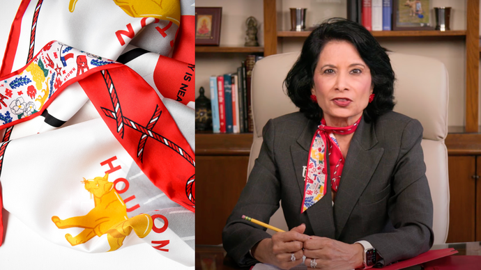 UH President wears Twilly Scarf while addressing University